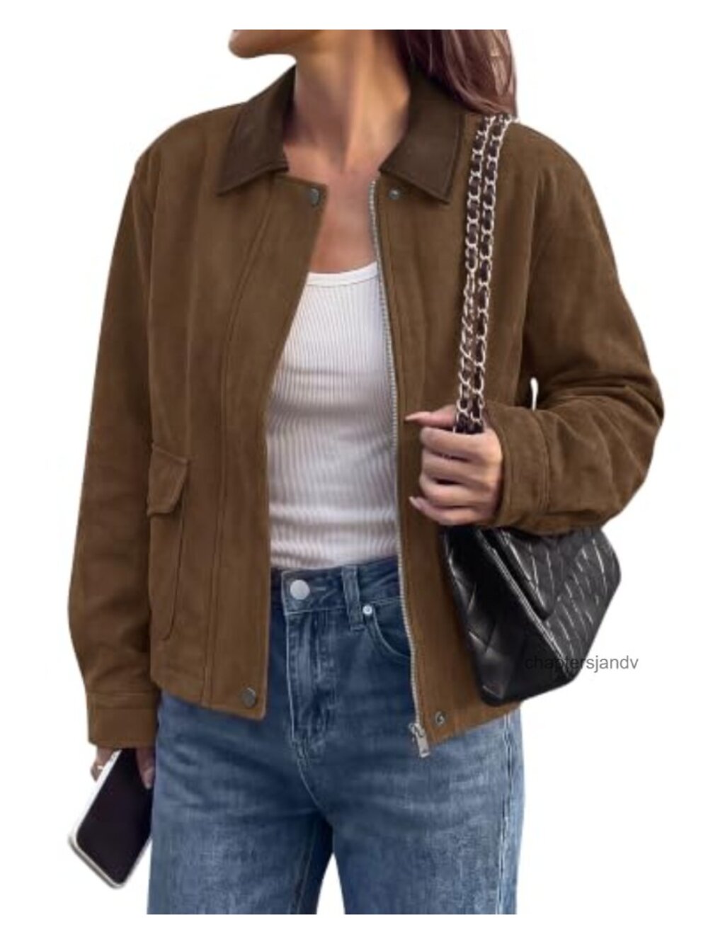 Faux Suede Jacket Women Faux Leather Lapel Zip Up Fall Moto Biker Coat